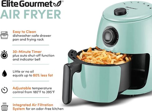 Elite Gourmet EAF0201X مقلاة كهربائية صغيرة الحجم وموفرة للمساحة، مقلاة كهربائية بالهواء الساخن بدون زيت، طباخ صحي ومؤقت وتحكم في درجة الحرارة، 1000 وات، 2.1 كوارت، أسود in Kuwait