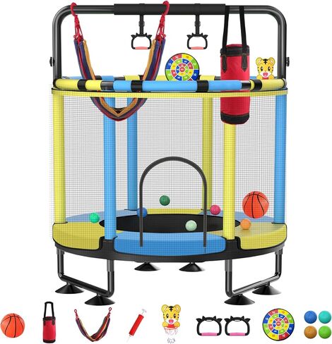 Trampoline for Kids, Upgrade Full Anti-Rust 440lbs Indoor Outdoor Toddler Trampoline with Net, Adjustable Baby Toddler Trampoline with Basketball Hoop, Dart Board Boys Girls Dark Yellow Blue in Saudi Arabia