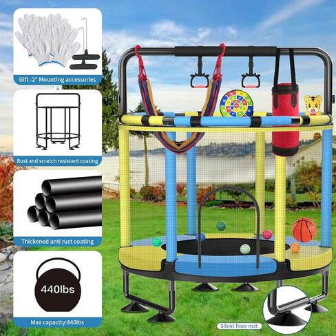 Trampoline for Kids, Upgrade Full Anti-Rust 440lbs Indoor Outdoor Toddler Trampoline with Net, Adjustable Baby Toddler Trampoline with Basketball Hoop, Dart Board Boys Girls Dark Yellow Blue in Saudi Arabia