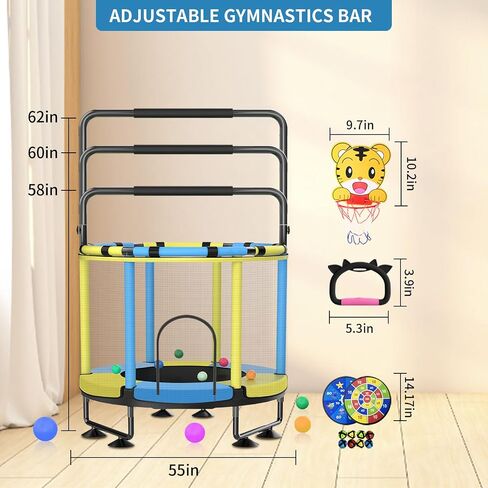 Trampoline for Kids, Upgrade Full Anti-Rust 440lbs Indoor Outdoor Toddler Trampoline with Net, Adjustable Baby Toddler Trampoline with Basketball Hoop, Dart Board Boys Girls Dark Yellow Blue in Saudi Arabia