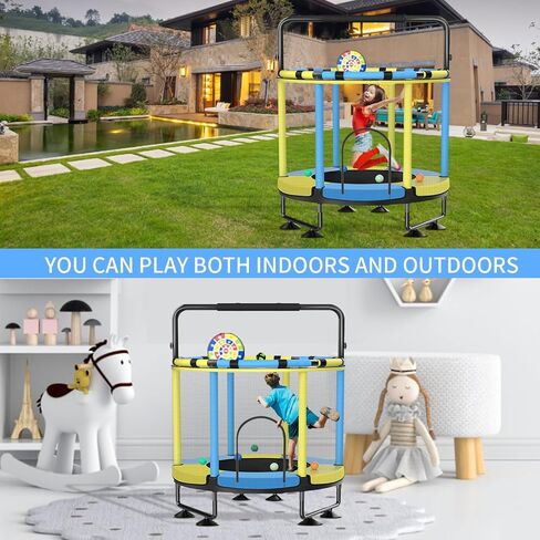 Trampoline for Kids, Upgrade Full Anti-Rust 440lbs Indoor Outdoor Toddler Trampoline with Net, Adjustable Baby Toddler Trampoline with Basketball Hoop, Dart Board Boys Girls Dark Yellow Blue in Saudi Arabia