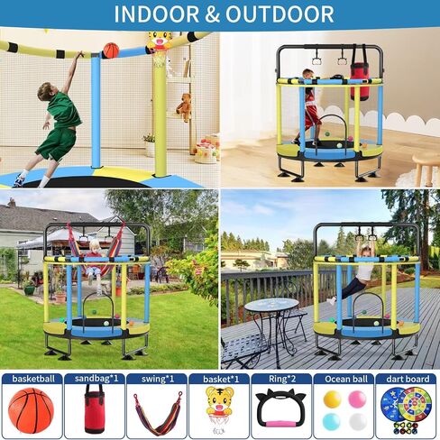 Trampoline for Kids, Upgrade Full Anti-Rust 440lbs Indoor Outdoor Toddler Trampoline with Net, Adjustable Baby Toddler Trampoline with Basketball Hoop, Dart Board Boys Girls Dark Yellow Blue in Saudi Arabia
