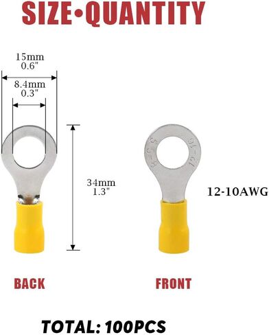 100 قطعة من Hilitchi 12-10AWG أطراف معزولة بحلقة موصلات تجعيد الأسلاك الكهربائية (أصفر - M8) (أصفر - M8) in Saudi Arabia