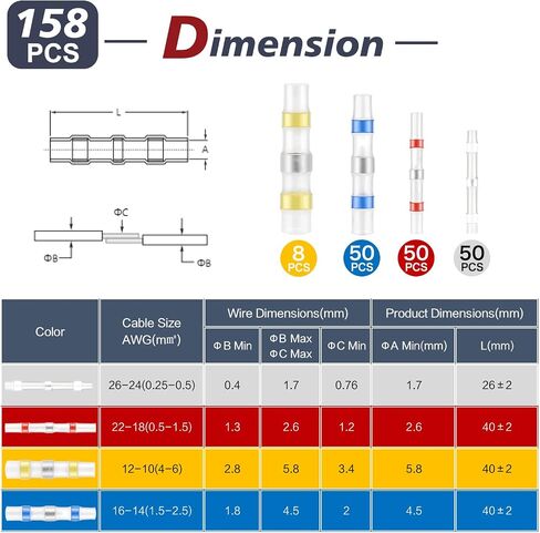 UL listed 158pcs Solder Seal Wire Connectors, 26-10AWG Heat Shrink Stick Tube Kit - Marine Grade Waterproof for Motorcycle, Automotive in Saudi Arabia