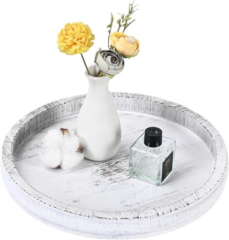 Decorative Serving Tray Wooden White Round Tray for Coffee Table Rustic Farmhouse Serving Platters for Home Decor Dining Room Table Entryway and Living Room Table in Kuwait