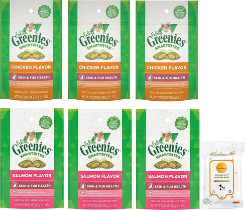 Variety Pack (6) Feline Greenies SmartBites Healthy Skin & Fur Natural Crunchy Cat Treats (3) Salmon (3) Chicken with AuroraPet Wipes in Saudi Arabia