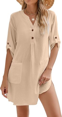 Blooming Jelly Womens Swimsuit Coverup Beach Swimwear Cover Ups Roll Sleeve Bathing Suit Cover up Shirt Dresses in Saudi Arabia