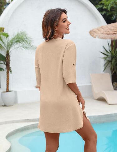 Blooming Jelly Womens Swimsuit Coverup Beach Swimwear Cover Ups Roll Sleeve Bathing Suit Cover up Shirt Dresses in Saudi Arabia