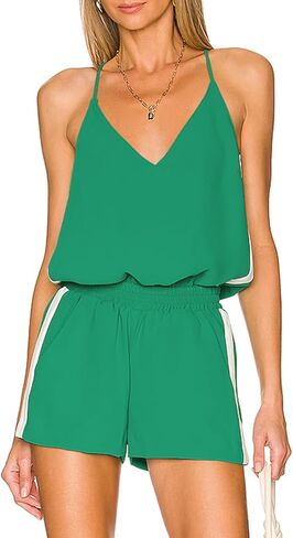Tongmingyun Womens Summer Striped Rompers Casual V Neck Spaghetti Straps Elastic Waist Short Jumpsuits in Kuwait