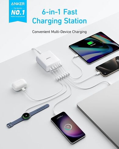 Anker USB-C Charger, 1 1 2W Max 6-Port Charging Station, for iPhone 15/14/13/12 Series, MacBook Air, Pixel, Galaxy, iPad and More (Cable Not Included)-White in Kuwait