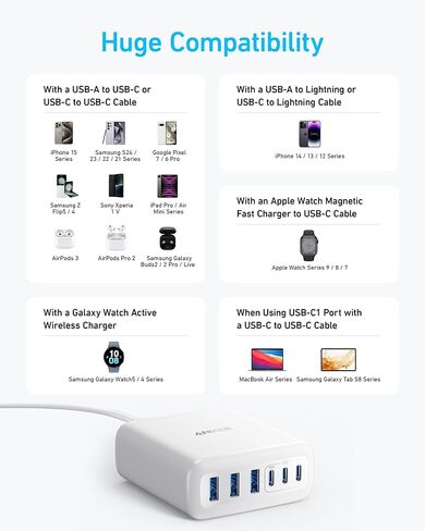 Anker USB-C Charger, 1 1 2W Max 6-Port Charging Station, for iPhone 15/14/13/12 Series, MacBook Air, Pixel, Galaxy, iPad and More (Cable Not Included)-White in Kuwait