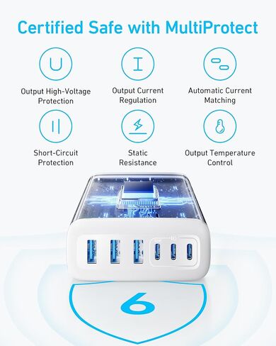 Anker USB-C Charger, 1 1 2W Max 6-Port Charging Station, for iPhone 15/14/13/12 Series, MacBook Air, Pixel, Galaxy, iPad and More (Cable Not Included)-White in Kuwait