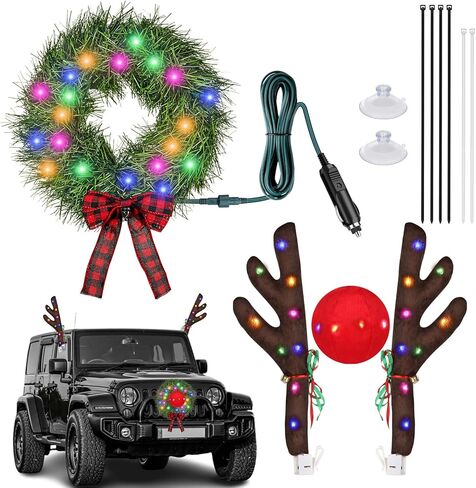إكليل عيد الميلاد ومجموعة سيارات الرنة - إضاءة إكليل 12 فولت لتزيين السيارة، رودولف الرنة القوي مع مصابيح LED، أجراس جلجل، مجموعات سيارات الرنة لأي ديكورات مركبة in Kuwait