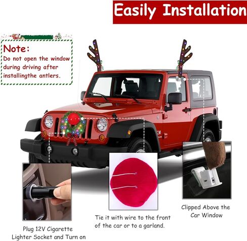 إكليل عيد الميلاد ومجموعة سيارات الرنة - إضاءة إكليل 12 فولت لتزيين السيارة، رودولف الرنة القوي مع مصابيح LED، أجراس جلجل، مجموعات سيارات الرنة لأي ديكورات مركبة in Kuwait