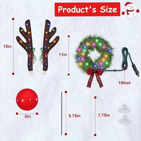 إكليل عيد الميلاد ومجموعة سيارات الرنة - إضاءة إكليل 12 فولت لتزيين السيارة، رودولف الرنة القوي مع مصابيح LED، أجراس جلجل، مجموعات سيارات الرنة لأي ديكورات مركبة in Kuwait