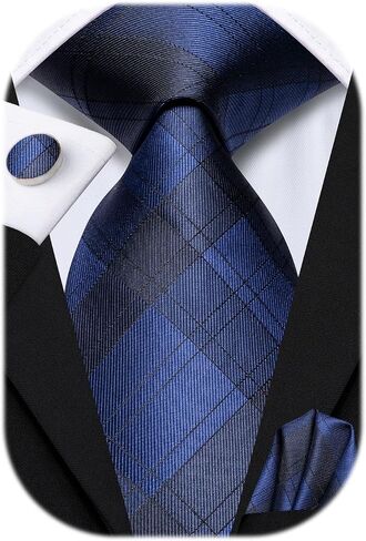Hi-Tie Navy Mens Ties Plaid Necktie Pocket Square Cufflinks Set Formal Checkered Silk Woven Ties for Wedding Business Prom in Saudi Arabia