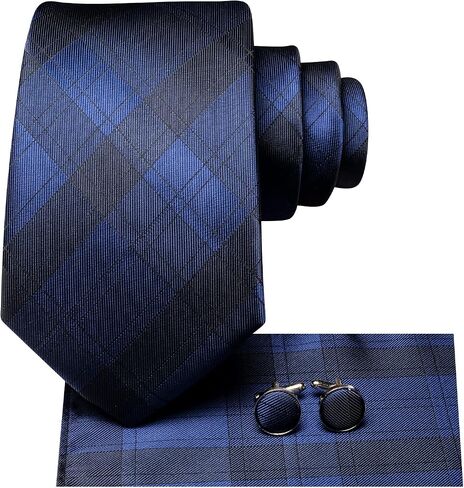 Hi-Tie Navy Mens Ties Plaid Necktie Pocket Square Cufflinks Set Formal Checkered Silk Woven Ties for Wedding Business Prom in Saudi Arabia