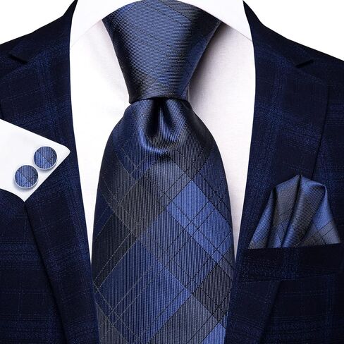 Hi-Tie Navy Mens Ties Plaid Necktie Pocket Square Cufflinks Set Formal Checkered Silk Woven Ties for Wedding Business Prom in Saudi Arabia