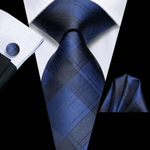 Hi-Tie Navy Mens Ties Plaid Necktie Pocket Square Cufflinks Set Formal Checkered Silk Woven Ties for Wedding Business Prom in Saudi Arabia