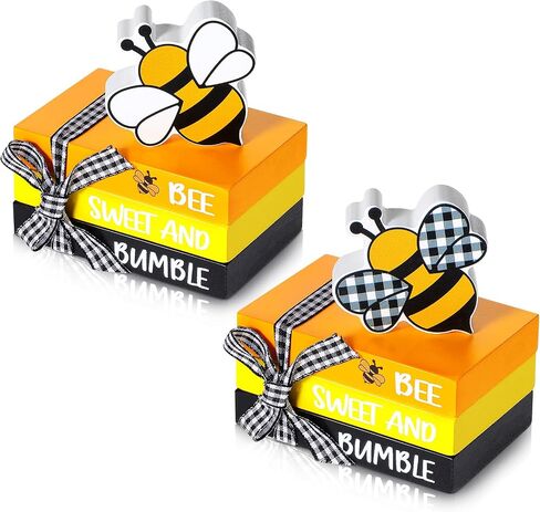 4 Pcs Wood Decorative Book Stack Mini Faux Tiered Tray Wooden Books Reversible Rustic Bookshelf Decor for Summer Party(Bee Style) in Saudi Arabia