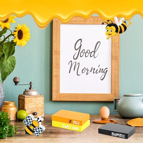 4 Pcs Wood Decorative Book Stack Mini Faux Tiered Tray Wooden Books Reversible Rustic Bookshelf Decor for Summer Party(Bee Style) in Saudi Arabia
