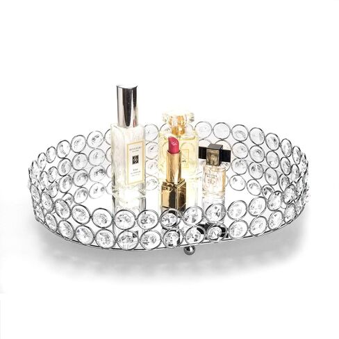 صينية مكياج Feyarl Crystal Vanity علبة مجوهرات مزخرفة ومنظم لزجاجة عطر مستحضرات التجميل صينية تزيين منزلية لخزانة الملابس والعناية بالبشرة (بيضاوية 12 بوصة × 9 بوصة) (ذهبي) in Kuwait