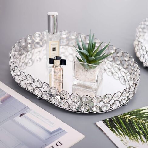 صينية مكياج Feyarl Crystal Vanity علبة مجوهرات مزخرفة ومنظم لزجاجة عطر مستحضرات التجميل صينية تزيين منزلية لخزانة الملابس والعناية بالبشرة (بيضاوية 12 بوصة × 9 بوصة) (ذهبي) in Kuwait
