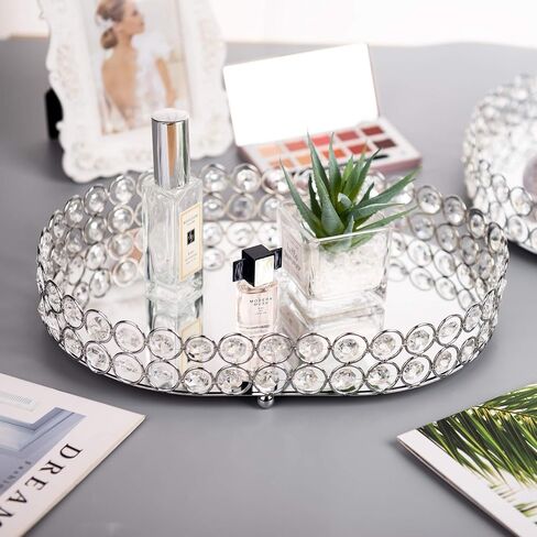 صينية مكياج Feyarl Crystal Vanity علبة مجوهرات مزخرفة ومنظم لزجاجة عطر مستحضرات التجميل صينية تزيين منزلية لخزانة الملابس والعناية بالبشرة (بيضاوية 12 بوصة × 9 بوصة) (ذهبي) in Kuwait