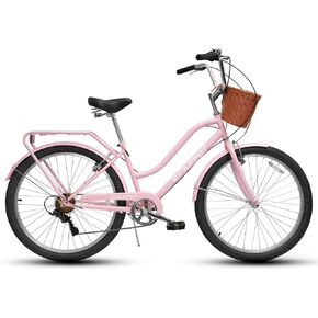 دراجة كروزر للشاطئ مقاس 26 بوصة للرجال والنساء البالغين، دراجة نسائية مع سلة أمامية من الروطان، دراجة بايبريد للرجال، دراجات ركاب مريحة بـ 7 سرعات مع مقعد قابل للتعديل وفرامل مزدوجة على شكل حرف V in Kuwait