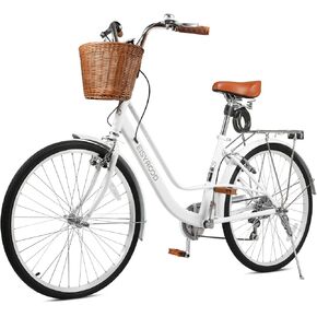 دراجة كروزر للشاطئ مقاس 26 بوصة للنساء، دراجات بـ 7 سرعات عبر المدينة للبالغين مع سلة ورف، دراجة المدينة للتنقل، دراجة للسيدات للسيدات البالغات (أبيض) in Kuwait