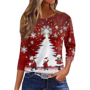 قمصان عيد الميلاد النسائية، بلوزة مريحة مطبوع عليها عيد الميلاد، رقبة دائرية 3/4 طول الأكمام، بلوفر كاجوال in Kuwait
