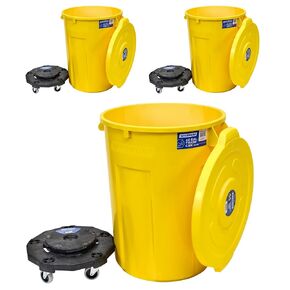 Magnum Yellow 44 Gallon Trash Can Set (Trash Can, Quiet Dolly, and Reinforced Lid), Construction Grade, Jobsite Ready for Handling and Rolling Garbage CMTC-CLD0-44Y03 (3 Set) in Kuwait
