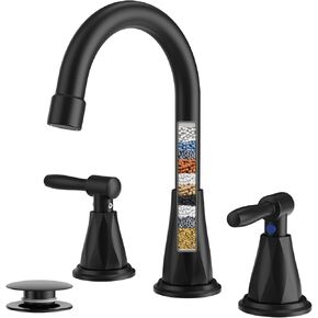 صنابير الحمام من FEELSO مع فلتر، 2024 صنبور حوض الحمام واسع الانتشار مقاس 8 بوصات مع استنزاف منبثق، صنبور حمام أسود غير لامع 3 فتحات - إزالة الكلور المتبقي in Kuwait