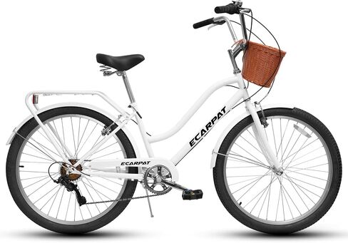 دراجة كروزر للشاطئ مقاس 26 بوصة للرجال والنساء البالغين، دراجة نسائية مع سلة أمامية من الروطان، دراجة بايبريد للرجال، دراجات ركاب مريحة بـ 7 سرعات مع مقعد قابل للتعديل وفرامل مزدوجة على شكل حرف V in Kuwait