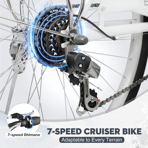 دراجة كروزر للشاطئ مقاس 26 بوصة للنساء، دراجات بـ 7 سرعات عبر المدينة للبالغين مع سلة ورف، دراجة المدينة للتنقل، دراجة للسيدات للسيدات البالغات (أبيض) in Kuwait