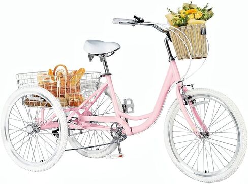 Adult Tricycles 7 Speed Trikes for Adults, 20/24/26 inch 3 Wheel Bikes with Front & Rear Basket, Tricycle for Seniors, Women, Men, Without Mudguard in Kuwait