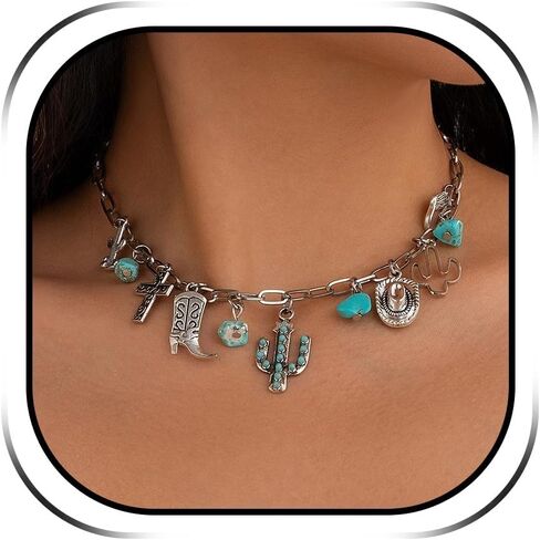 Charm Necklace for Women Handmade Turquoise Western Necklace Cowboy Boot Necklace Paperclip Chain Necklace Western Outfit Jewelry Stocking Stuffers for Women Christmas Gifts in Kuwait