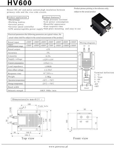 Voltage Sensor HV600 Input ±2000V ±3000V ±4000V ±5000V ±6000V ±8000V ±10000V Output ±5V Power Supply Voltage ±15(3000V-5V) in Saudi Arabia