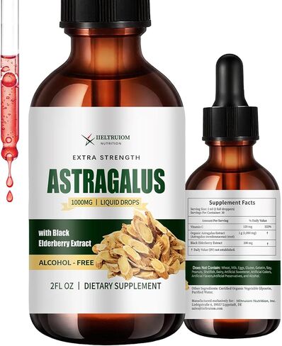 مستخلص سائل جذر استراغالوس عضوي مع نبات البلسان الأسود وفيتامين ج - مكمل استراغالوس 1000 ملغ، مكمل استراغالوس خالي من الكحول، قطرات عشبية لدعم المناعة (30 وجبة) in Kuwait