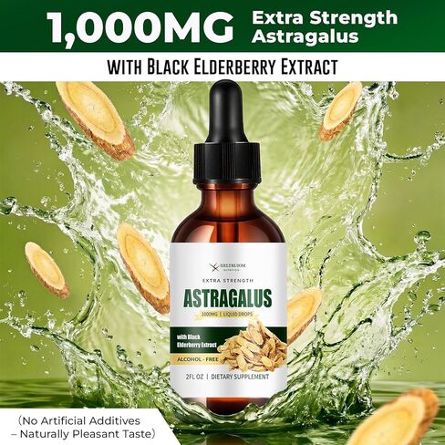 مستخلص سائل جذر استراغالوس عضوي مع نبات البلسان الأسود وفيتامين ج - مكمل استراغالوس 1000 ملغ، مكمل استراغالوس خالي من الكحول، قطرات عشبية لدعم المناعة (30 وجبة) in Kuwait