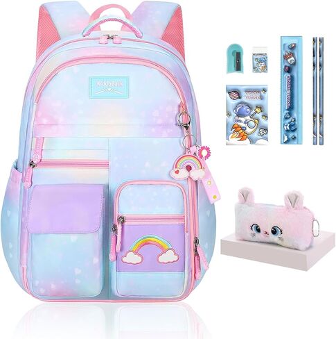 Kawaii Rainbow Backpack for Girls – Cute Starry School Bags for Kids & Teens with Plush Pen Case & 6-Piece Study Supplies Set, Children's Bookbag for Elementary – Pink 17inch in Saudi Arabia