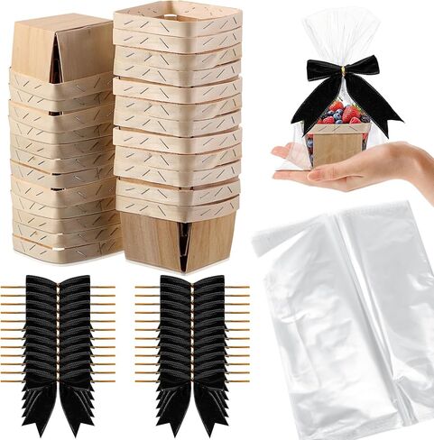 Kigley 24 Set Wooden Gift Baskets Empty Small Gift Basket with Cellophane Bags Bows Basket Kit for Easter DIY Picking Fruit Birthday Wedding Bow Party(4 Inch,Brown) in Kuwait