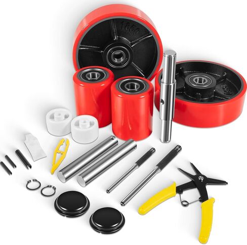 Pallet Jack Wheels Set for Most Manual Pallet Jacks, Full Set with Axles, Pair of Steering Wheels 7"x 2" and Load Roller 3" x 3.75" with Bearings ID 20mm, Entry Roller/Protective Caps, Poly Tread Red in Saudi Arabia