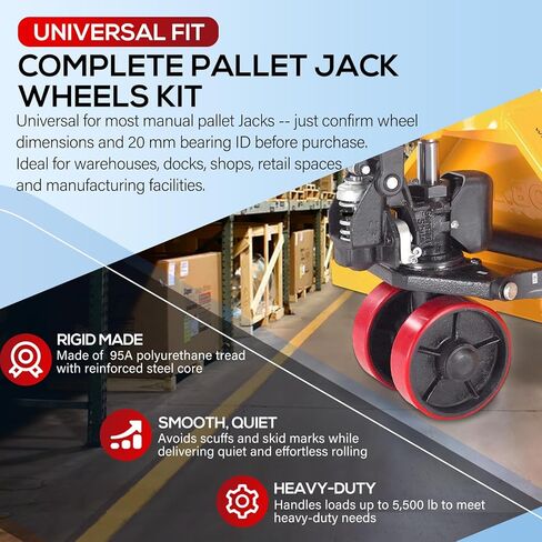 Pallet Jack Wheels Set for Most Manual Pallet Jacks, Full Set with Axles, Pair of Steering Wheels 7"x 2" and Load Roller 3" x 3.75" with Bearings ID 20mm, Entry Roller/Protective Caps, Poly Tread Red in Saudi Arabia