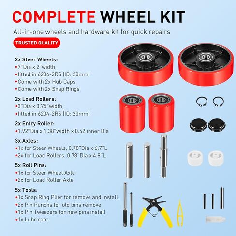 Pallet Jack Wheels Set for Most Manual Pallet Jacks, Full Set with Axles, Pair of Steering Wheels 7"x 2" and Load Roller 3" x 3.75" with Bearings ID 20mm, Entry Roller/Protective Caps, Poly Tread Red in Saudi Arabia