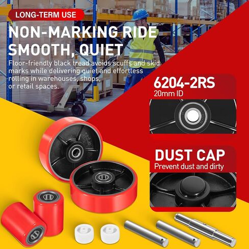 Pallet Jack Wheels Set for Most Manual Pallet Jacks, Full Set with Axles, Pair of Steering Wheels 7"x 2" and Load Roller 3" x 3.75" with Bearings ID 20mm, Entry Roller/Protective Caps, Poly Tread Red in Saudi Arabia