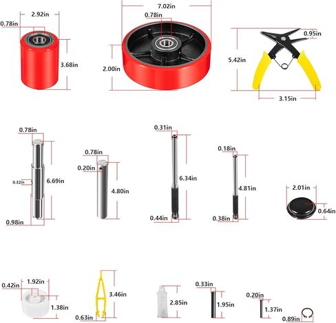 Pallet Jack Wheels Set for Most Manual Pallet Jacks, Full Set with Axles, Pair of Steering Wheels 7"x 2" and Load Roller 3" x 3.75" with Bearings ID 20mm, Entry Roller/Protective Caps, Poly Tread Red in Saudi Arabia