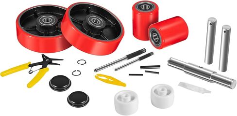 Pallet Jack Wheels Set for Most Manual Pallet Jacks, Full Set with Axles, Pair of Steering Wheels 7"x 2" and Load Roller 3" x 3.75" with Bearings ID 20mm, Entry Roller/Protective Caps, Poly Tread Red in Saudi Arabia