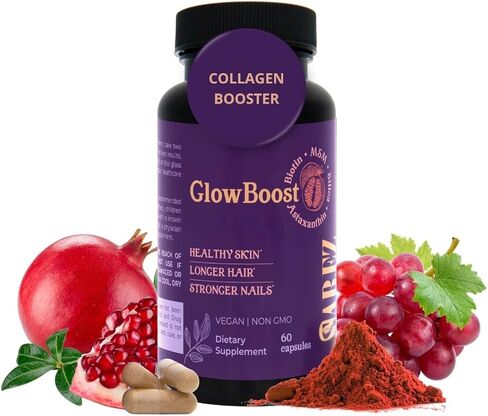 معزز الكولاجين ساريز جلو بوست - MSM، سيليكا الخيزران، أستازانتين، الرمان، البيوتين وبذور العنب - يدعم إنتاج الكولاجين وحمايته، تجديد البشرة، قوة الشعر والأظافر - كمية تكفي 30 يومًا in Kuwait