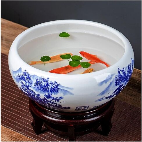 Small Fish Tank Ceramic Goldfish Bowl Fish Tank Hand-Painted Desktop Large Lucky Turtle Tank Narcissus Lotus Pot Tank Aquarium Starter Kits Fish Tank Kit(D,32cm) in Saudi Arabia